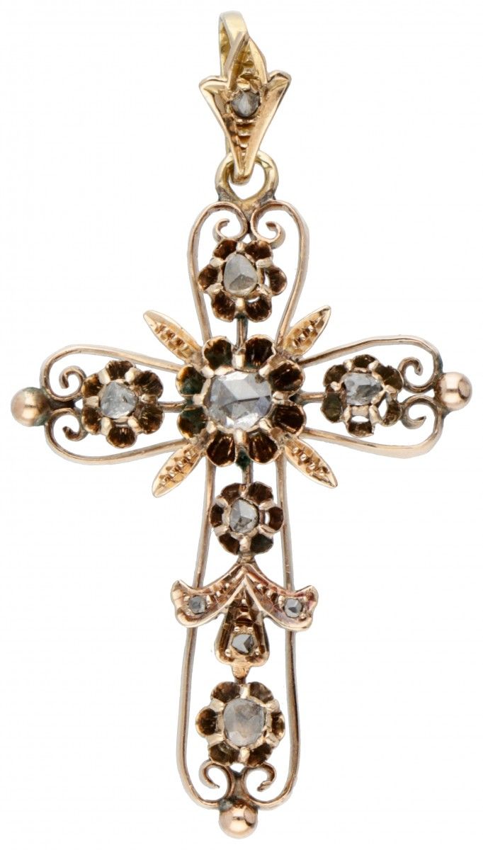 14K. Rose gold openwork cross-shaped pendant set with rose cut diamonds. 印章：585。&hellip;