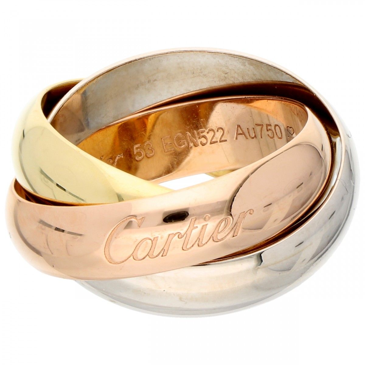 18K. Tricolor gold Cartier 'Trinity' ring. Número de serie: 53 EGN522. Sellos: ©&hellip;