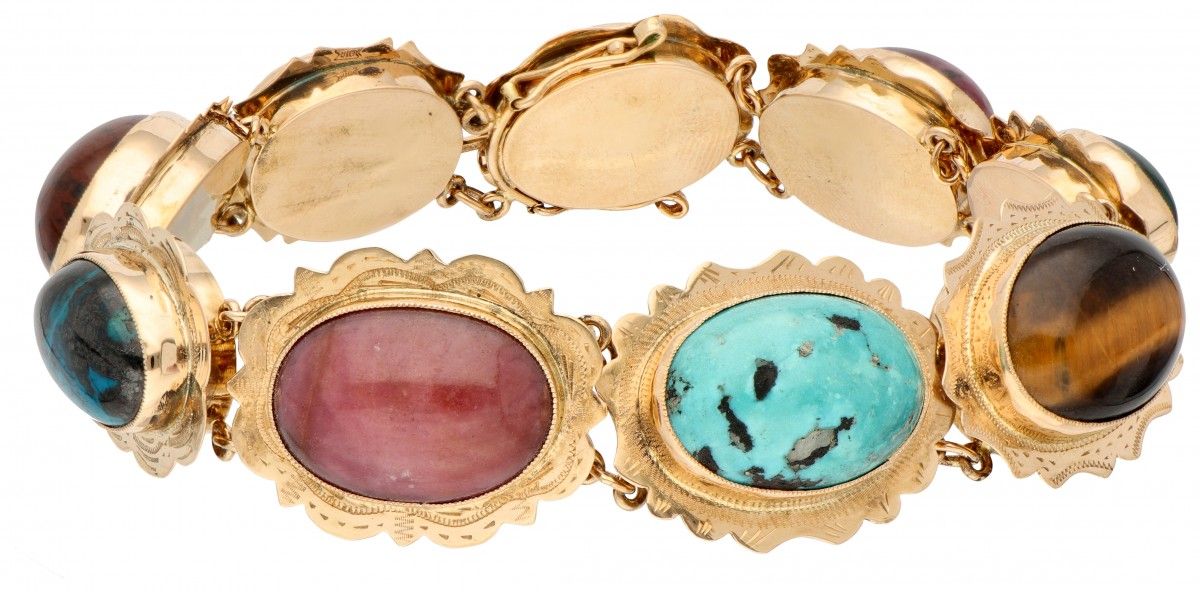 14K. Rose gold bracelet set with various gemstones including tiger eye and moss &hellip;