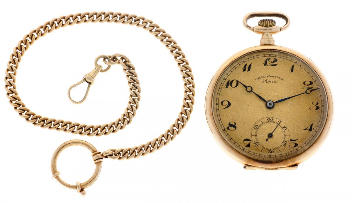 Chronometer Supra - Golden pocket watch with golden chain - ca. 1915. Case: 14 k&hellip;