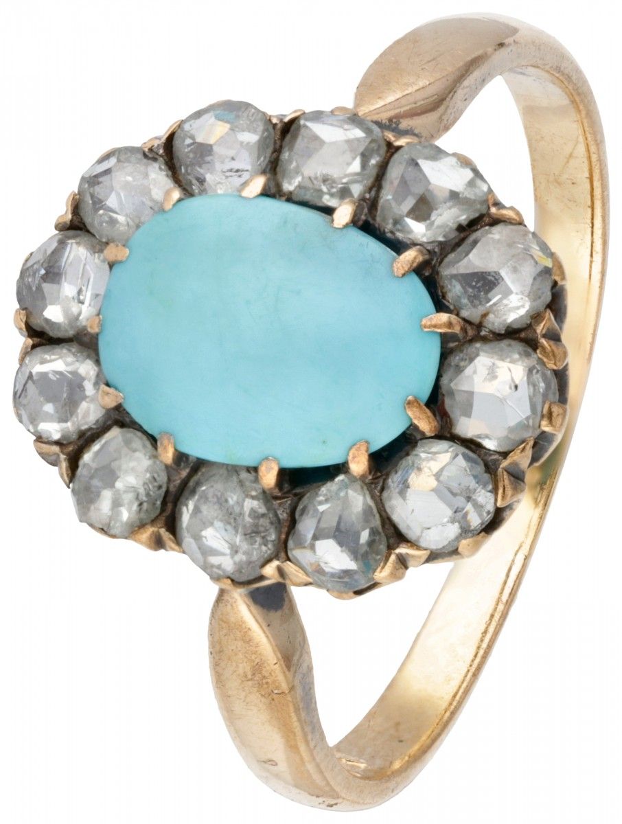 14K. Yellow gold rosette ring set with approx. 1.08 ct. Turquoise and rose cut d&hellip;