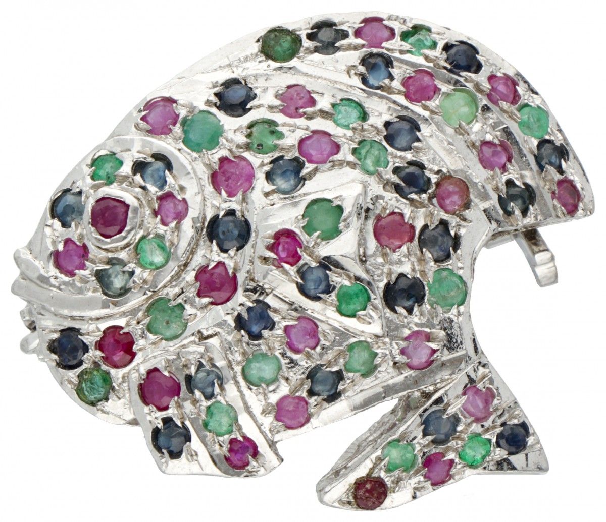 Silver brooch of a fish set with ruby, sapphire and emerald - 800/1000. Hallmark&hellip;