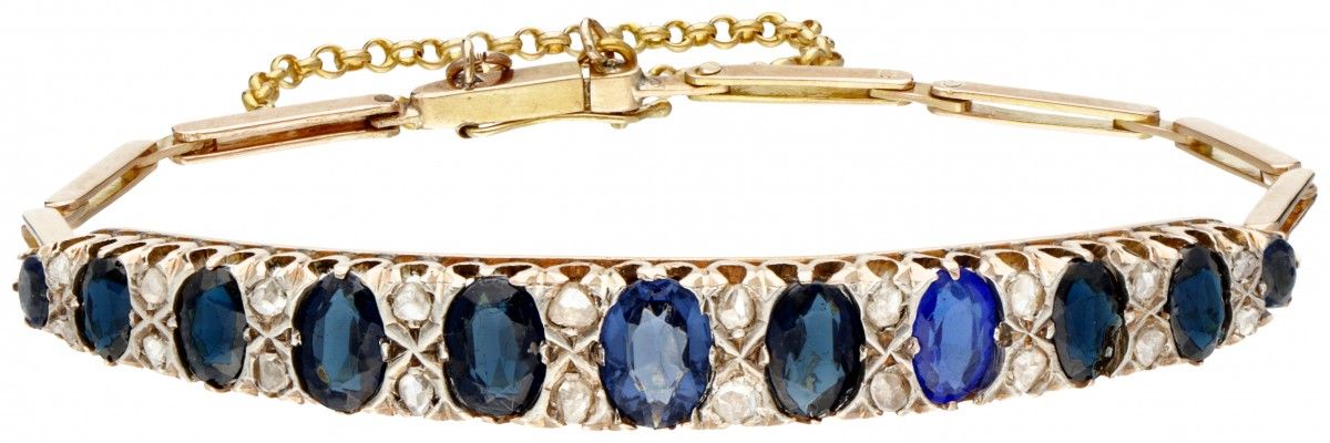 BLA 10K. Yellow gold Art Deco bracelet set with diamond and blue stone. Poinçons&hellip;