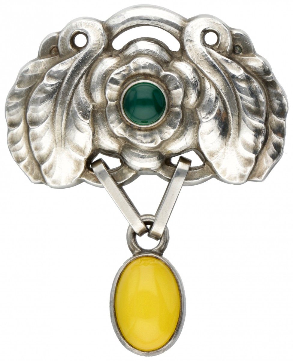 Silver Georg Jensen brooch of the year 2008, set with yellow and green agate - 9&hellip;