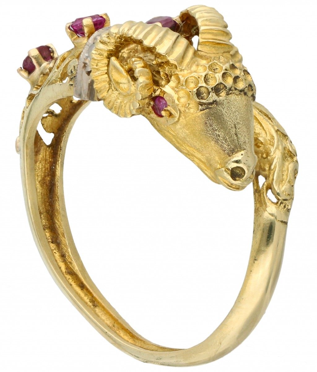 14K. Yellow gold ring in the shape of an ibex, set with diamond and natural ruby&hellip;