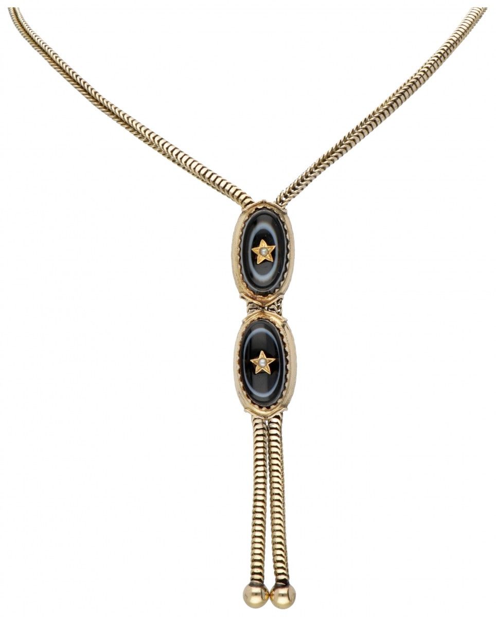18K. Yellow gold French antique necklace with two oval slides set with agate, ru&hellip;