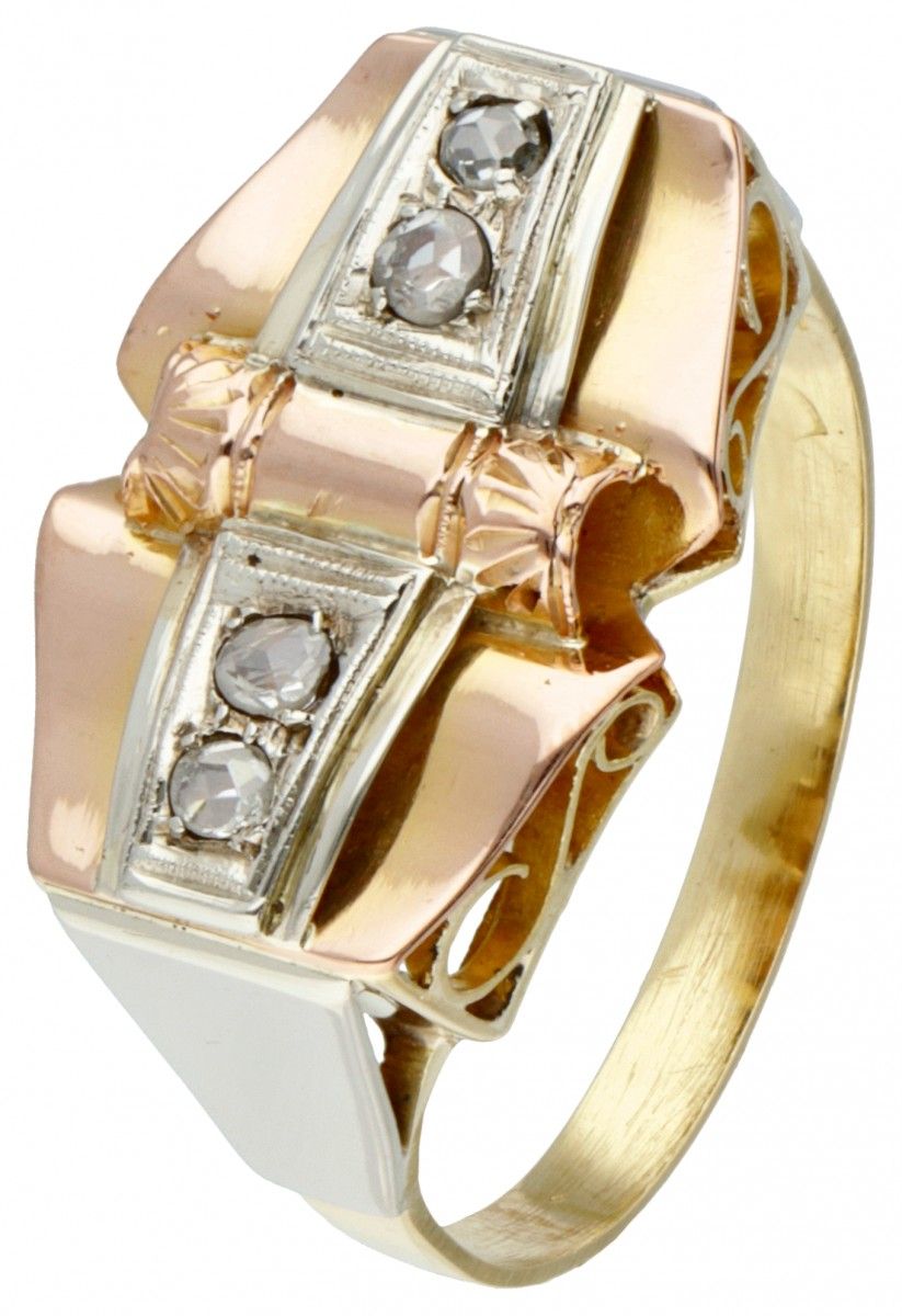 18K. Yellow gold retro tank ring set with rose cut diamond. Hallmarks: 750. With&hellip;