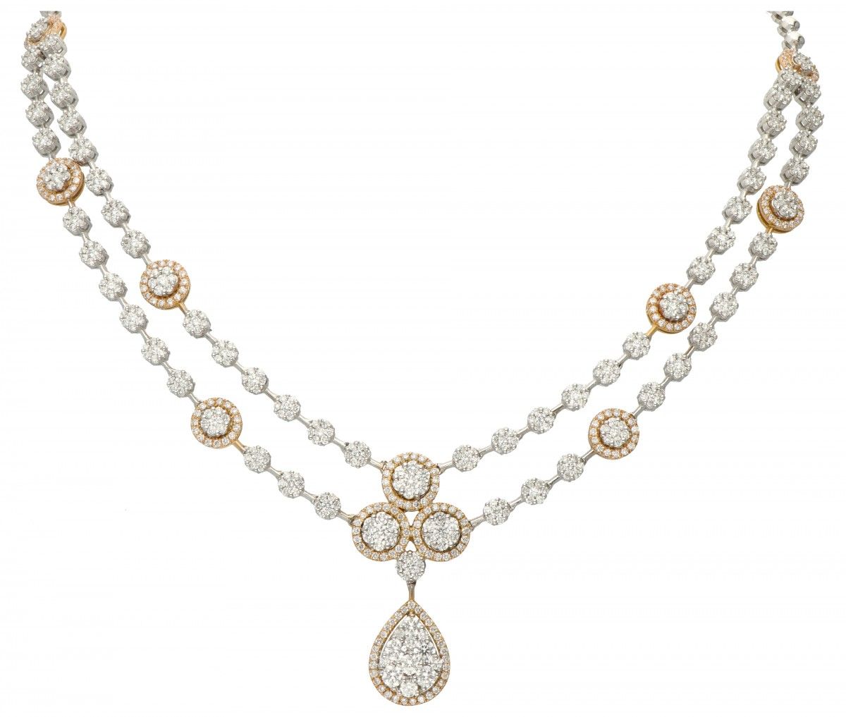18K. Bicolor gold entourage necklace set with approx. 4.66 ct. Diamond. Poinçon &hellip;
