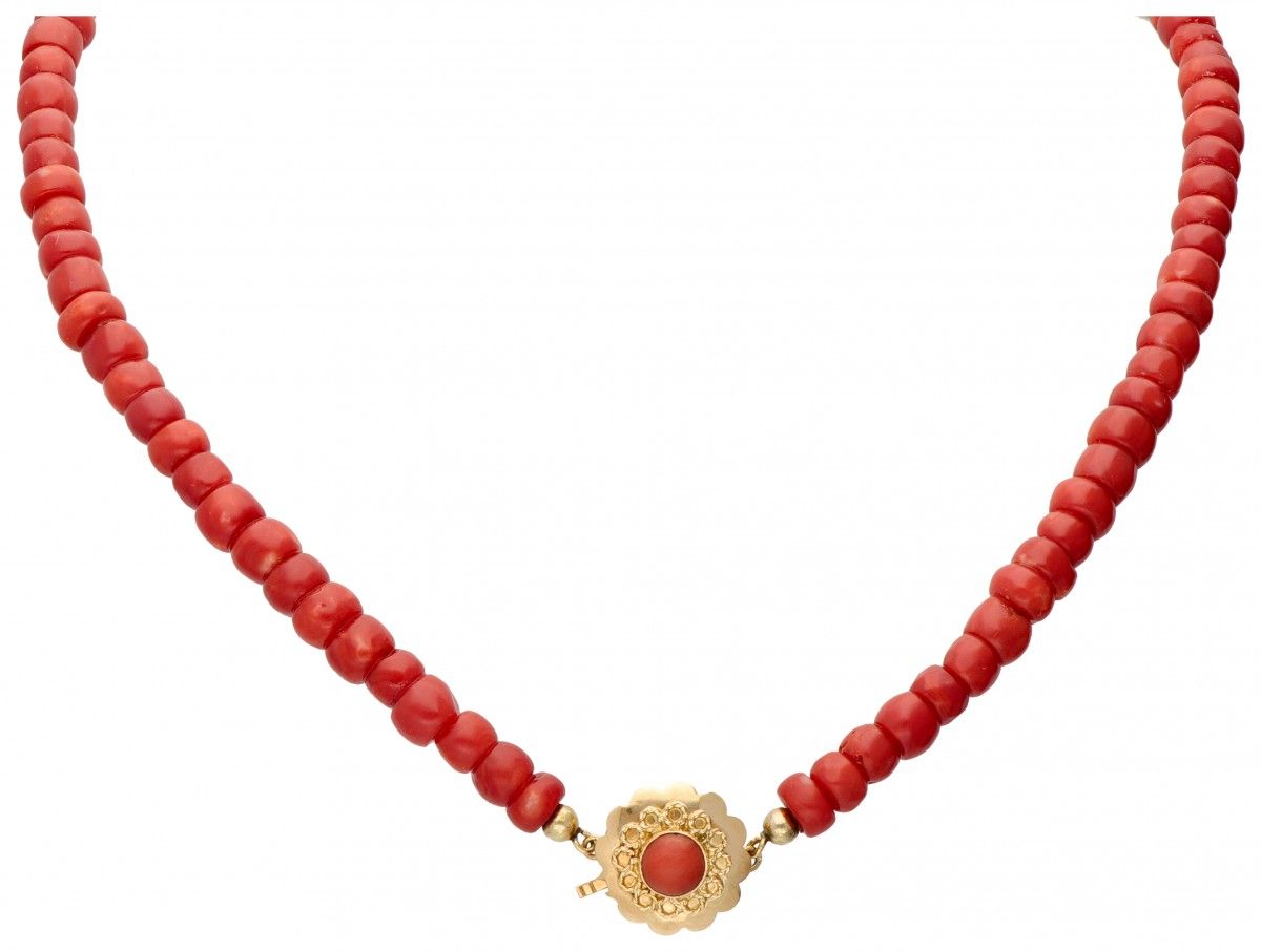 Antique single strand red coral necklace with a flower-shaped 14K. Yellow gold c&hellip;
