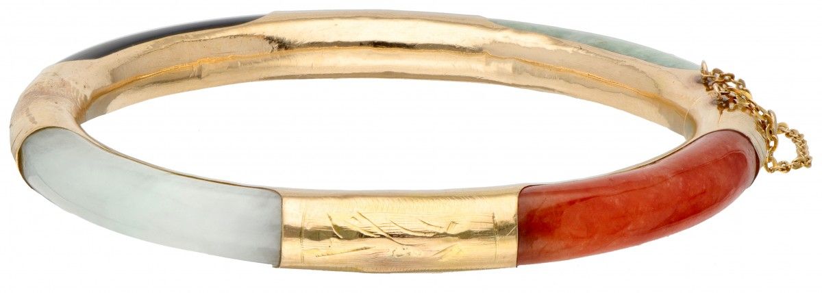 14K. Rose gold bangle bracelet set with various colors of jade. Hallmarks: 14K, &hellip;
