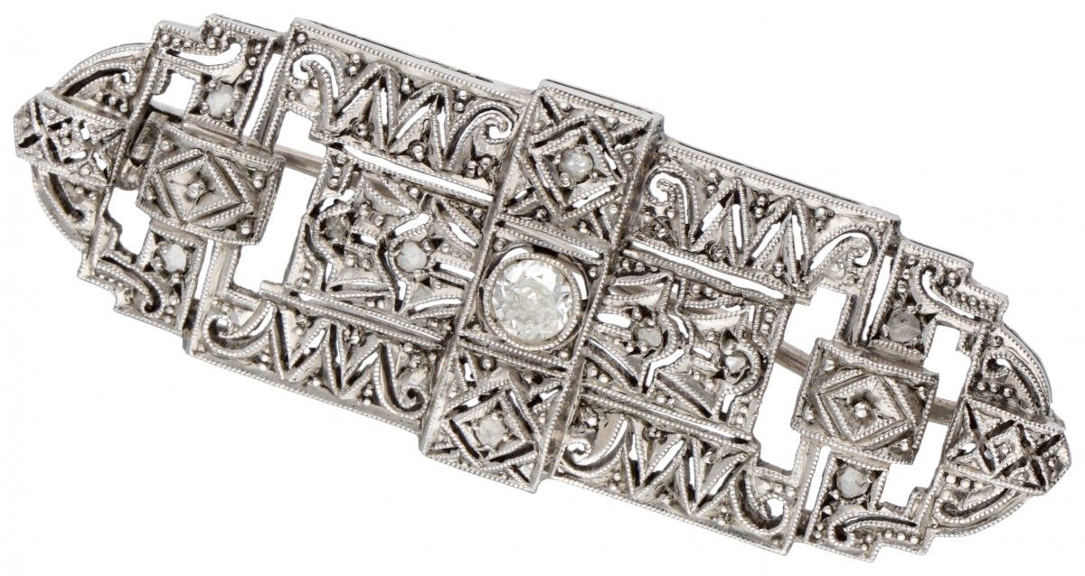Silver openwork Art Deco brooch set with ca. 0.20 ct. Diamond - 925/1000. Poinço&hellip;
