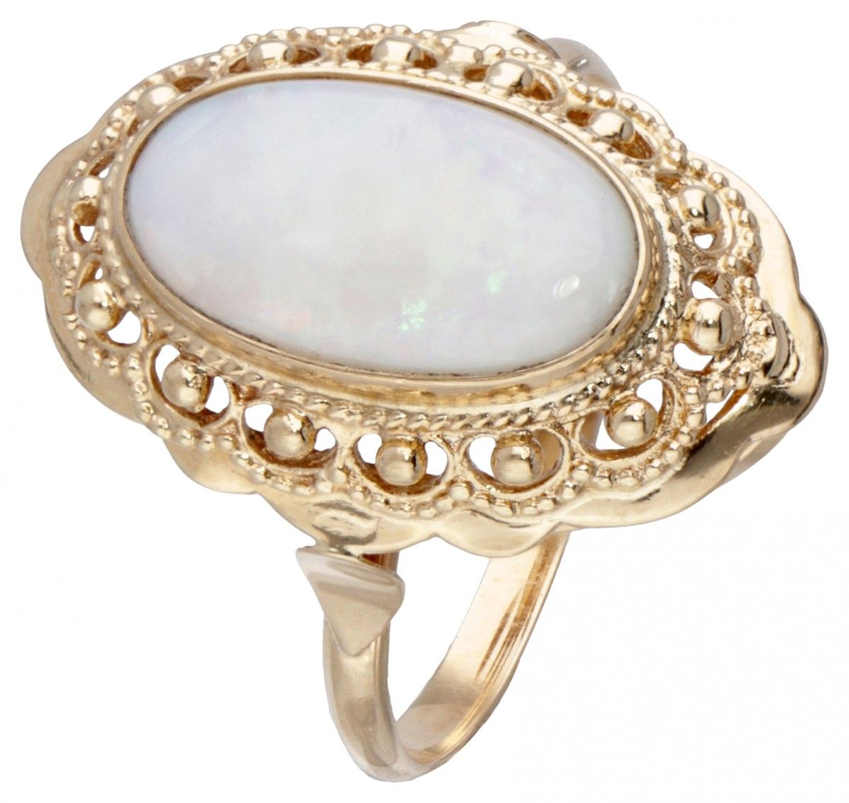 14K. Yellow gold openwork ring set with approx. 1.62 ct. White precious opal. Se&hellip;
