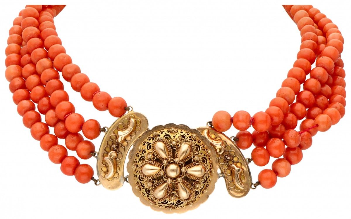 Antique four-row red coral necklace with a richly decorated 14K. Yellow gold fil&hellip;
