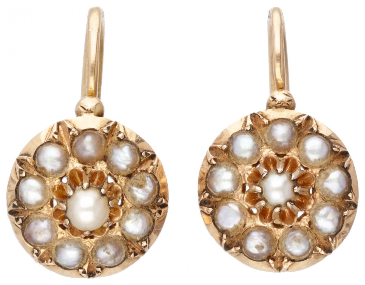 14K. Rose gold antique earrings set with seed pearls. Front closure. Hallmarks: &hellip;