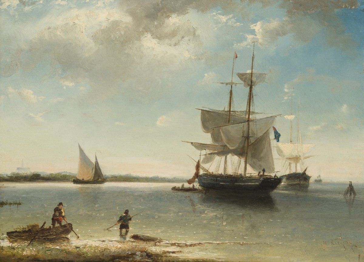 Nicolaas Riegen (Amsterdam 1827 - 1889), Shipping on a calm. Signed (lower irght&hellip;