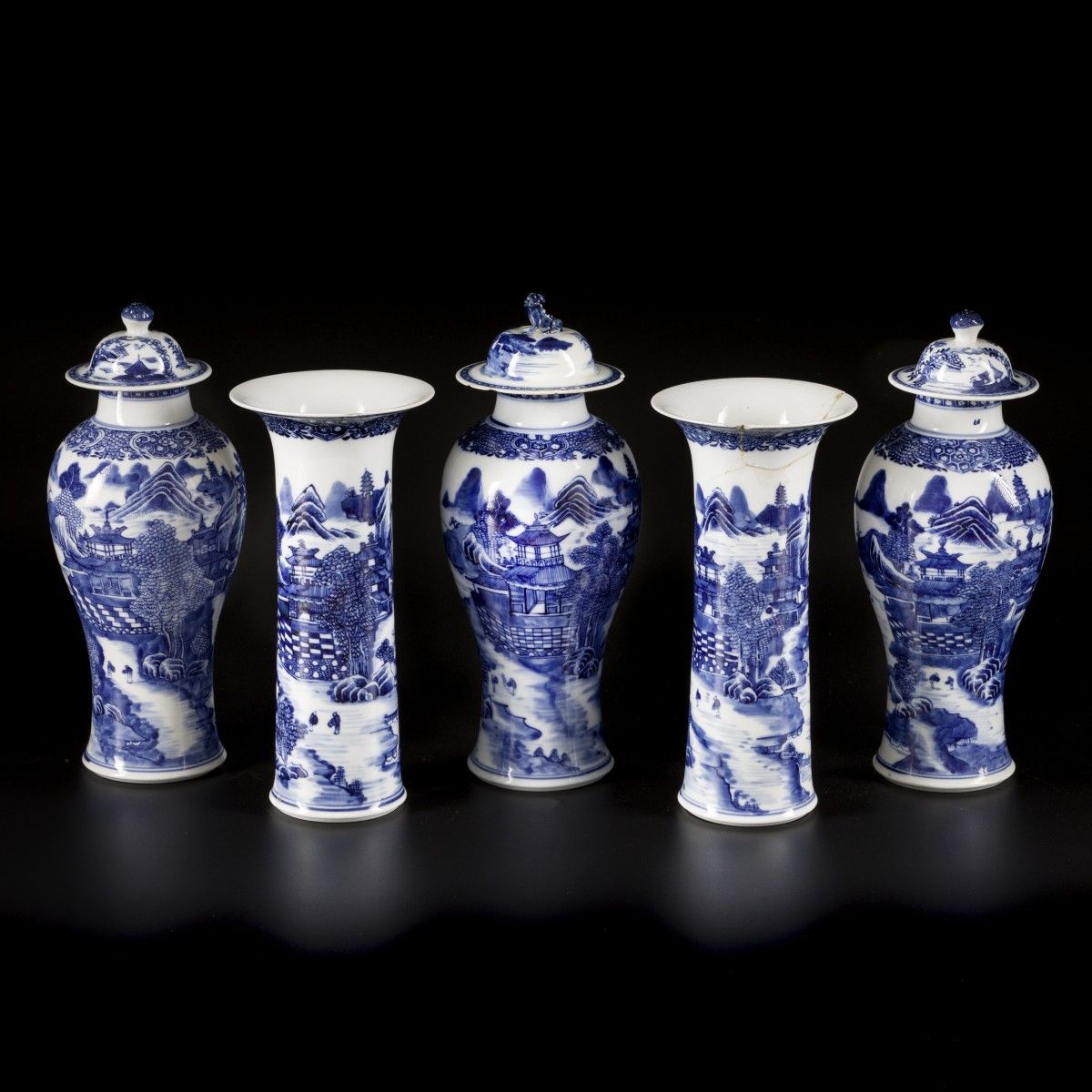 A (5)-piece porcelain garniture set with river and pagoda decoration, China, 18t&hellip;
