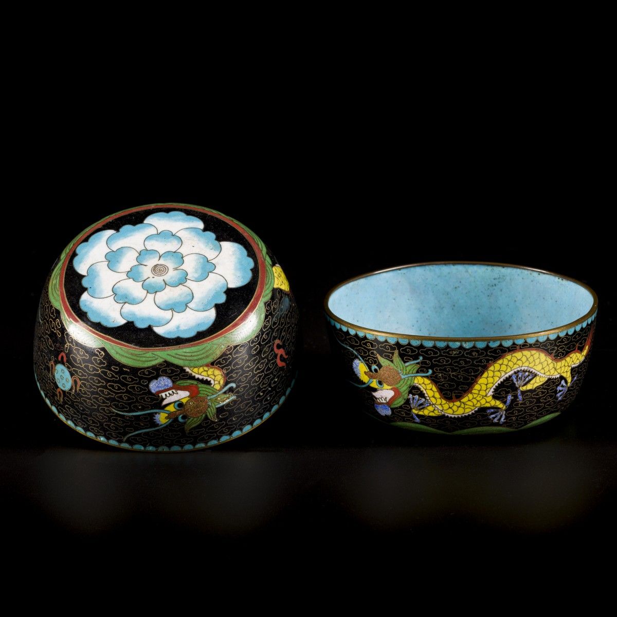 A set of (2) cloisonne bowls decorated with dragons, China, late 19th century. D&hellip;