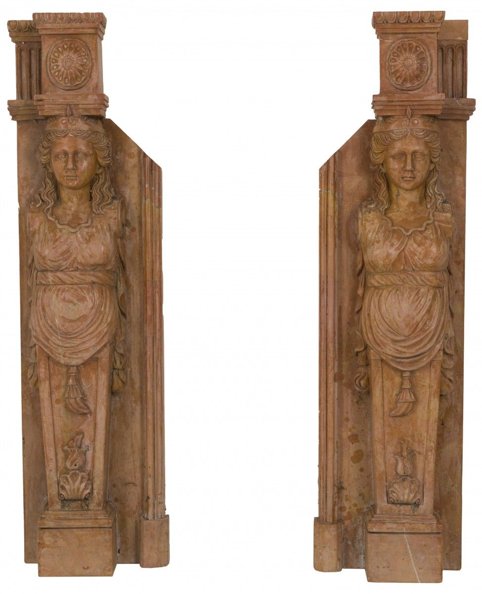 A lot comprising (2) 19th C. Fragments of a chimney, with Caryatids. Marbre rose&hellip;