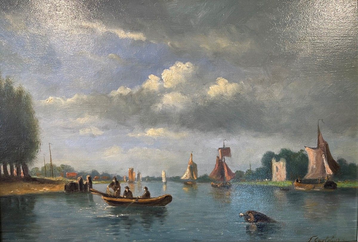 François Carlebur of Dordrecht (1821-1893) (attributed to), Shipping on a river &hellip;