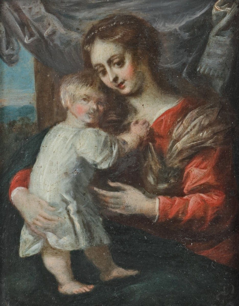 Flemmish School, ca. 1800. Madonna and child. 铜上油彩。Dim.10,5 x 8 cm.估计：60 - 80欧元。