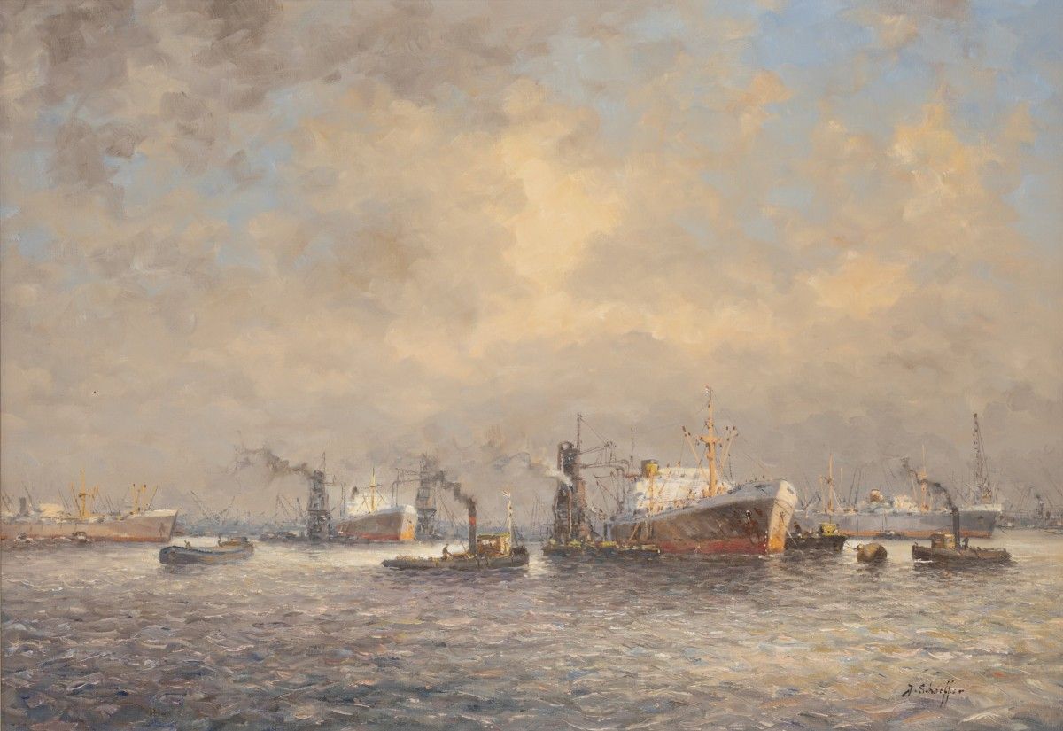 Jan Schaeffer (Rotterdam 1923 - 2018), Shipping in Rotterdam harbour. 签名（右下），布面油&hellip;
