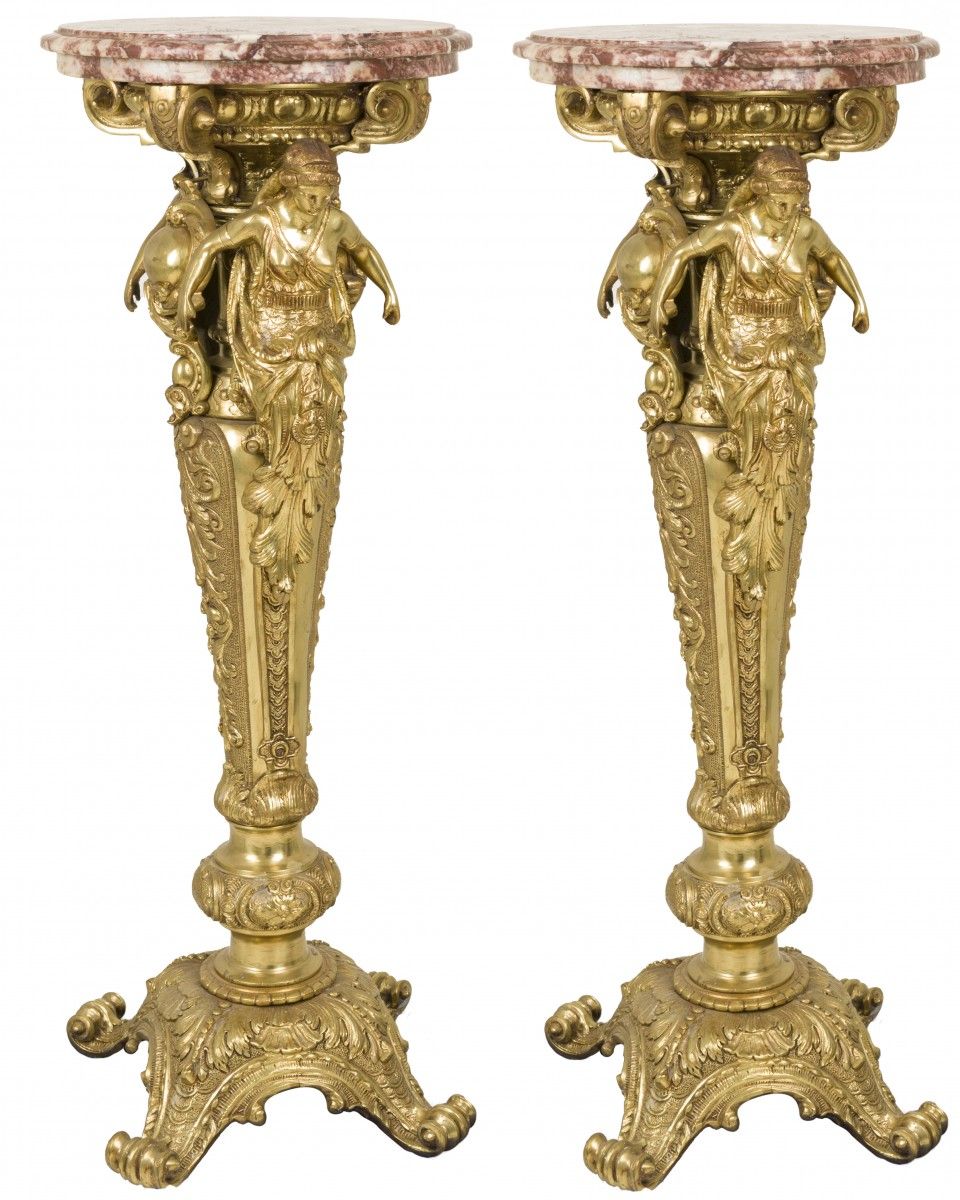 A set of (2) identical bronze pedestals with marble top, France, 20th century. M&hellip;