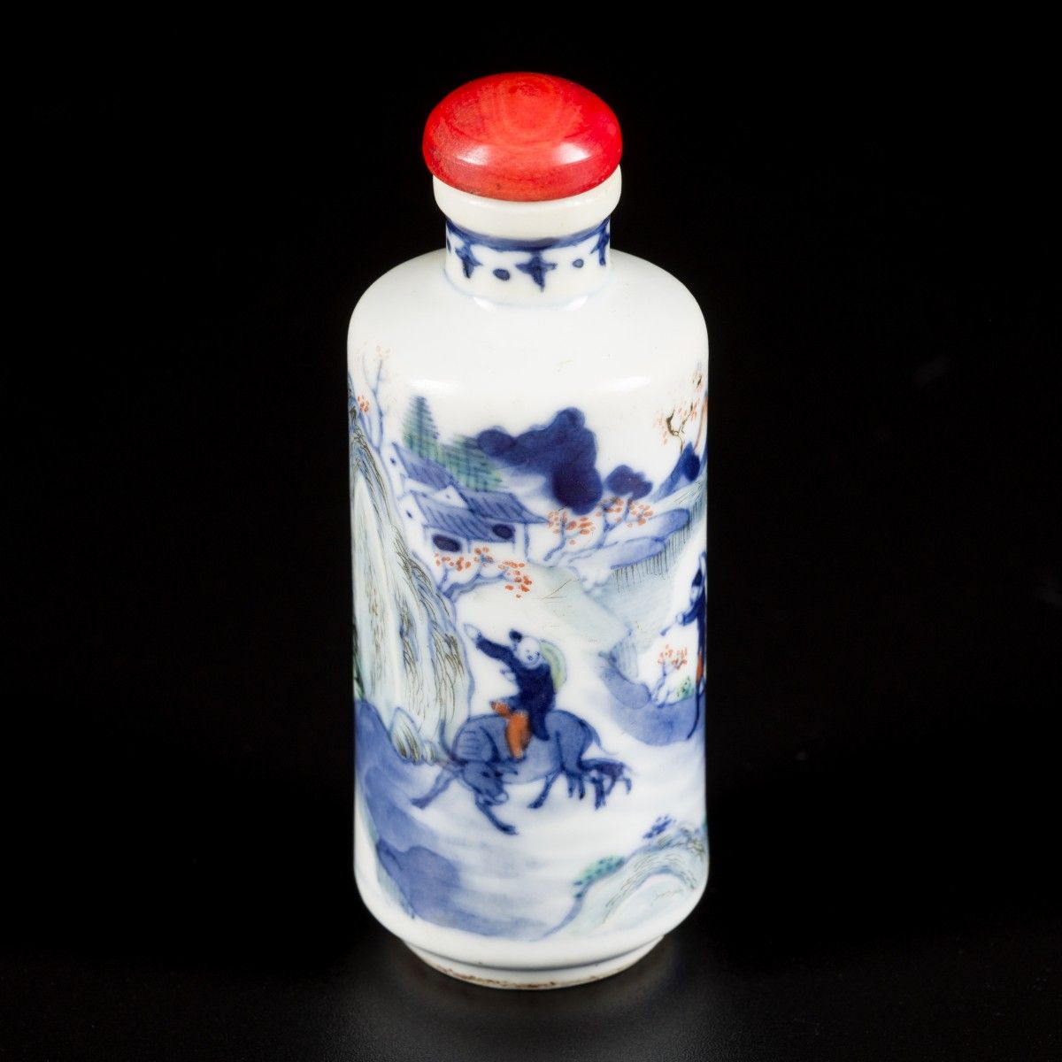A porcelain famille verte snuff bottle decorated with various figures in a lands&hellip;