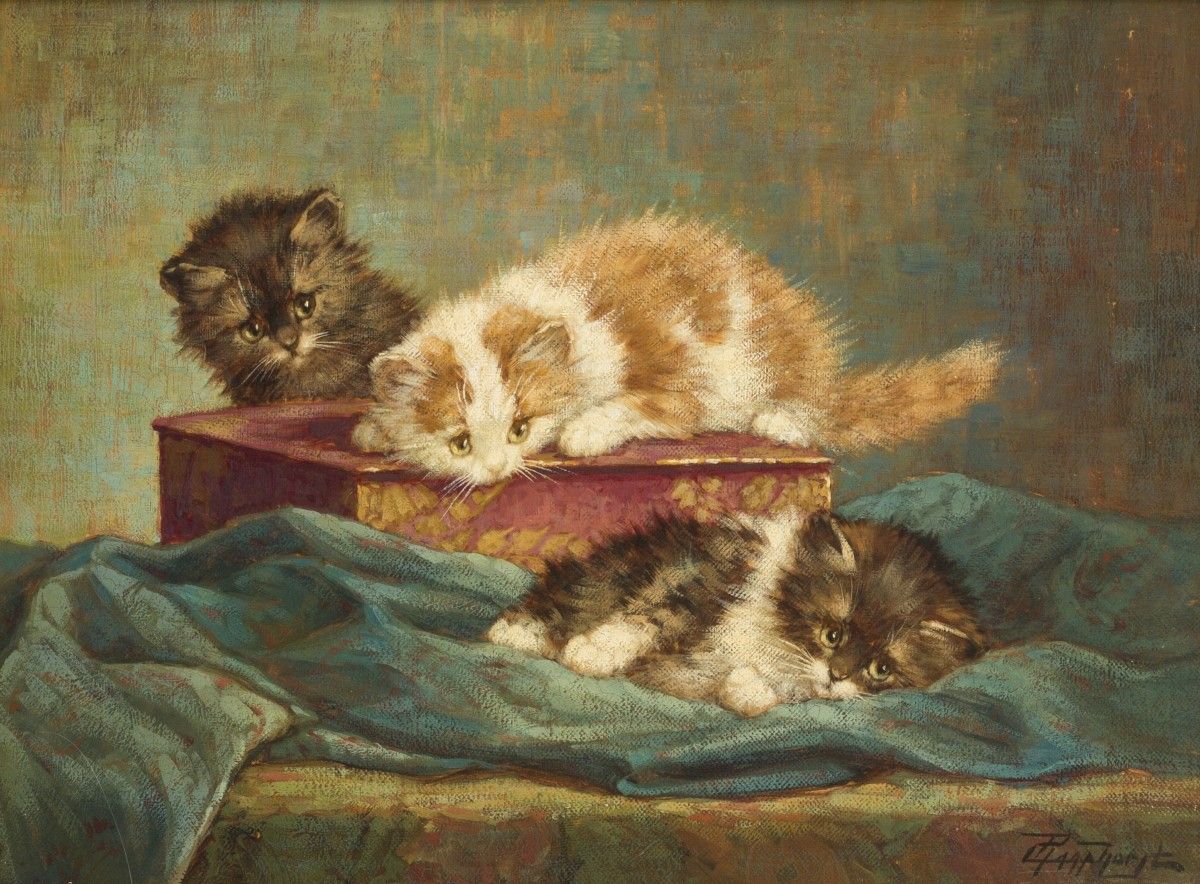 Cornelis Raaphorst (Nieuwkoop 1875 - 1964 Wassenaar), Kittens playing on a Japan&hellip;