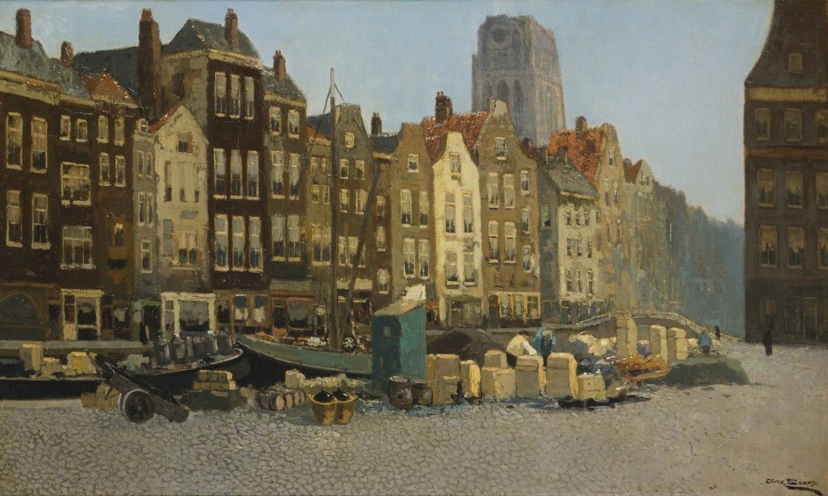 Chris Soer (Den Haag 1882 - 1961), View in Rotterdam with the St. Laurens tower &hellip;