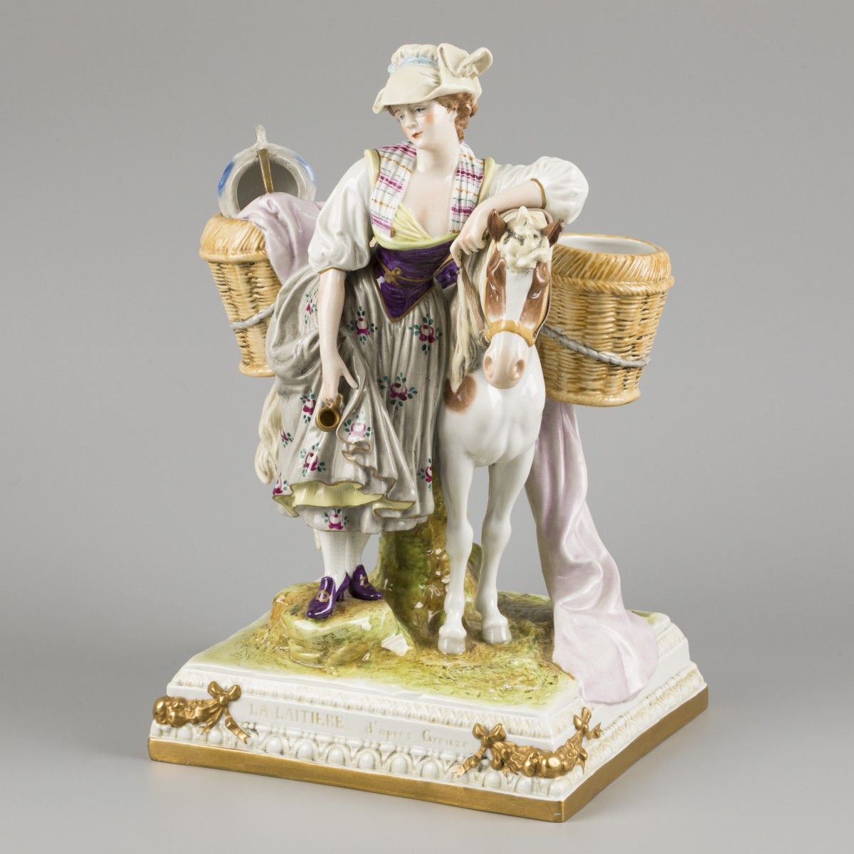A porcelain group of a milkmaid and mule. "La Laitierre - d'Après Greuze", marke&hellip;