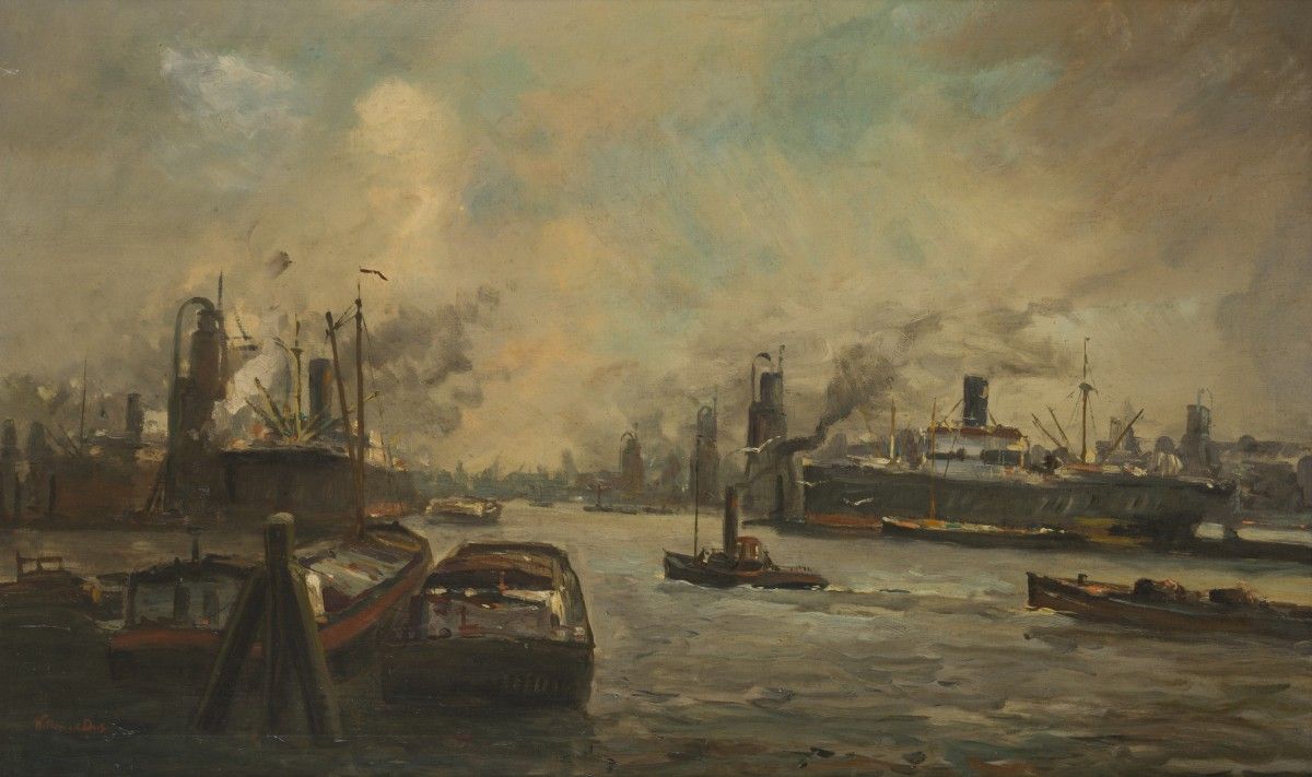 Willem van der Does (Rotterdam 1889 - 1966 Zeist), View of Rotterdam harbour wit&hellip;
