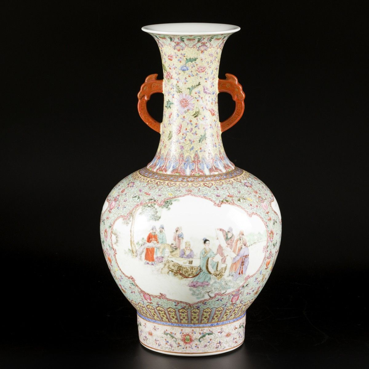 A porcelain famille rose vase with figures in a garden, marked Qianglong, China,&hellip;