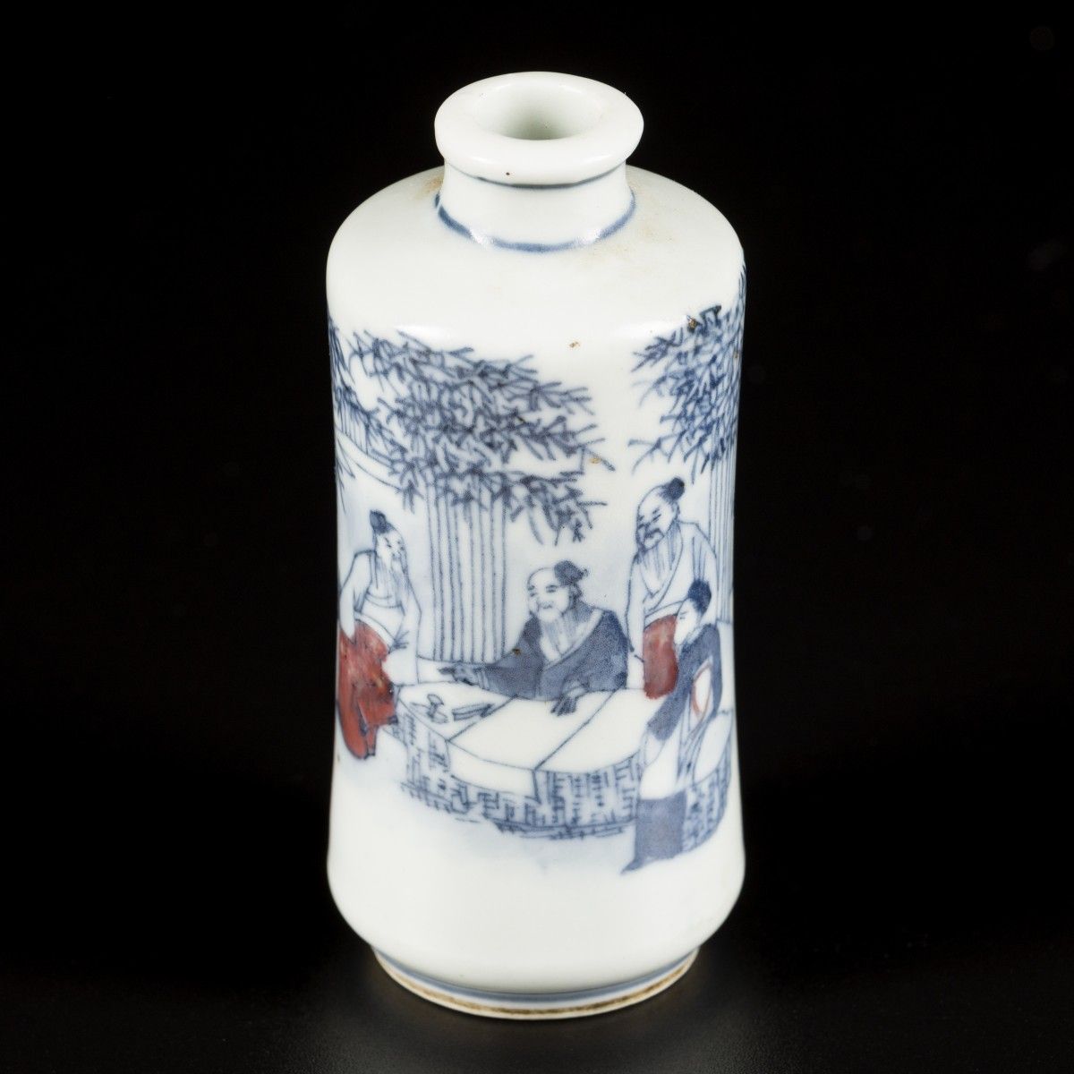 A porcelain iron-red snuff bottle decorated with 7 immortals in a bamboo grove, &hellip;