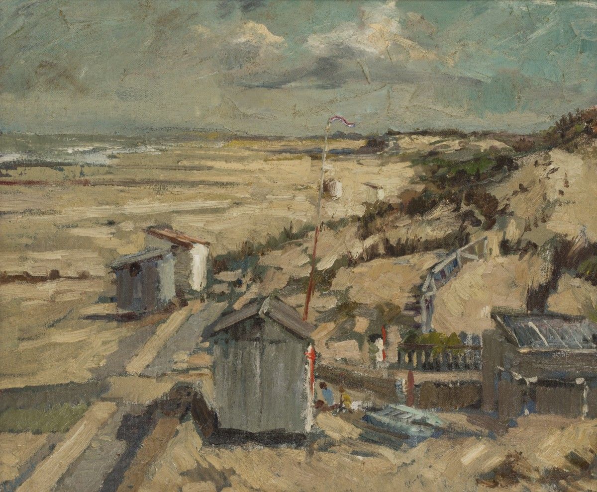 Dutch School, 20th century, Setting up the beach huts. Signed "Dacosta" (?) lowe&hellip;