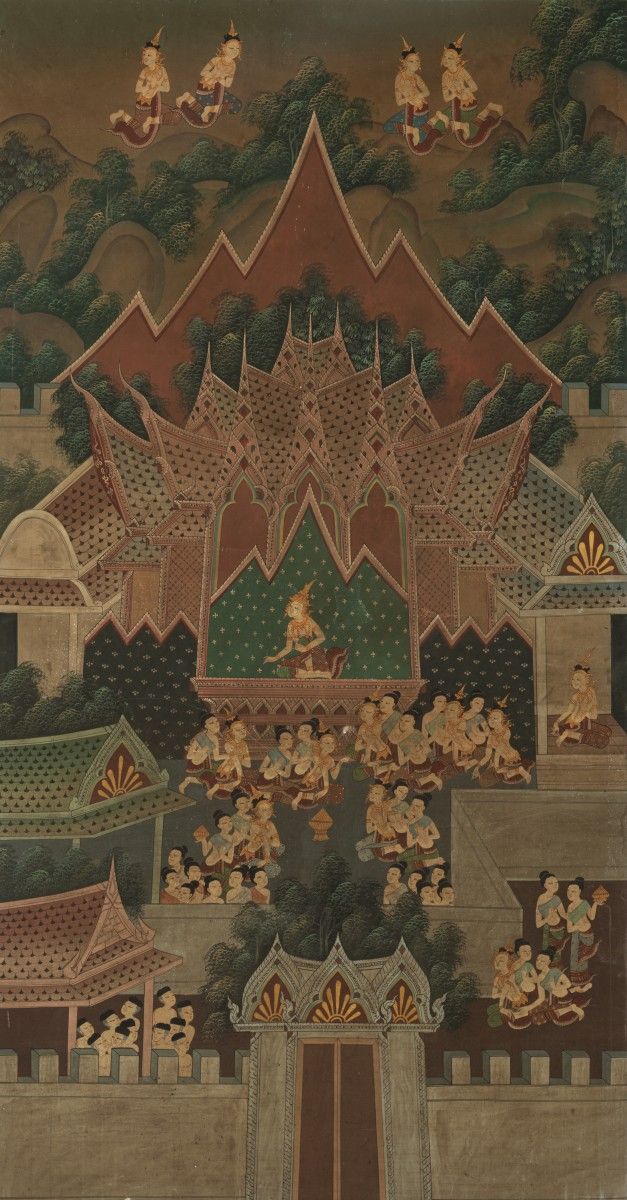 School of Laos, 20th C. A court scène. Tempera sur toile. Dim. 190 x 100 cm. Est&hellip;