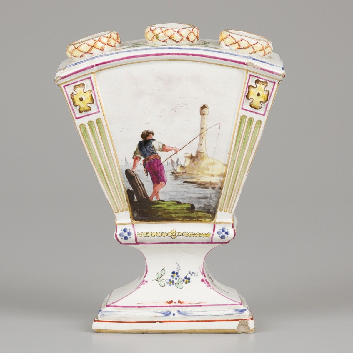 A porcelain tulip vase with a decor of a fisherman, Höchst Germany, circa 1760. &hellip;