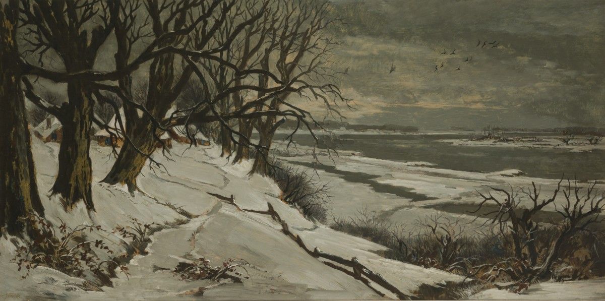 Theo Goedvrind (1979 - 1969), A river landscape in winter. 签名（左下），油画板，尺寸。60 x 12&hellip;