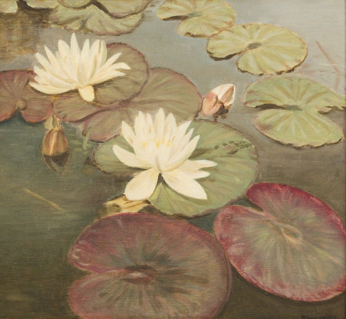 Attributed to D. Smorenberg, 20th. C.. Water lillies. Avec signature (en bas à d&hellip;