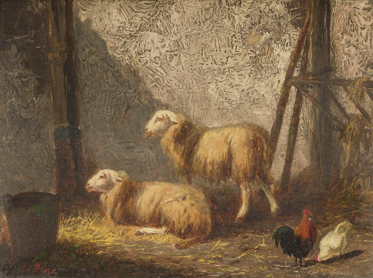Louwerencius Plas (Alkmaar 1828 - 1888 Amsterdam), Scheap in a stable. Firmato (&hellip;