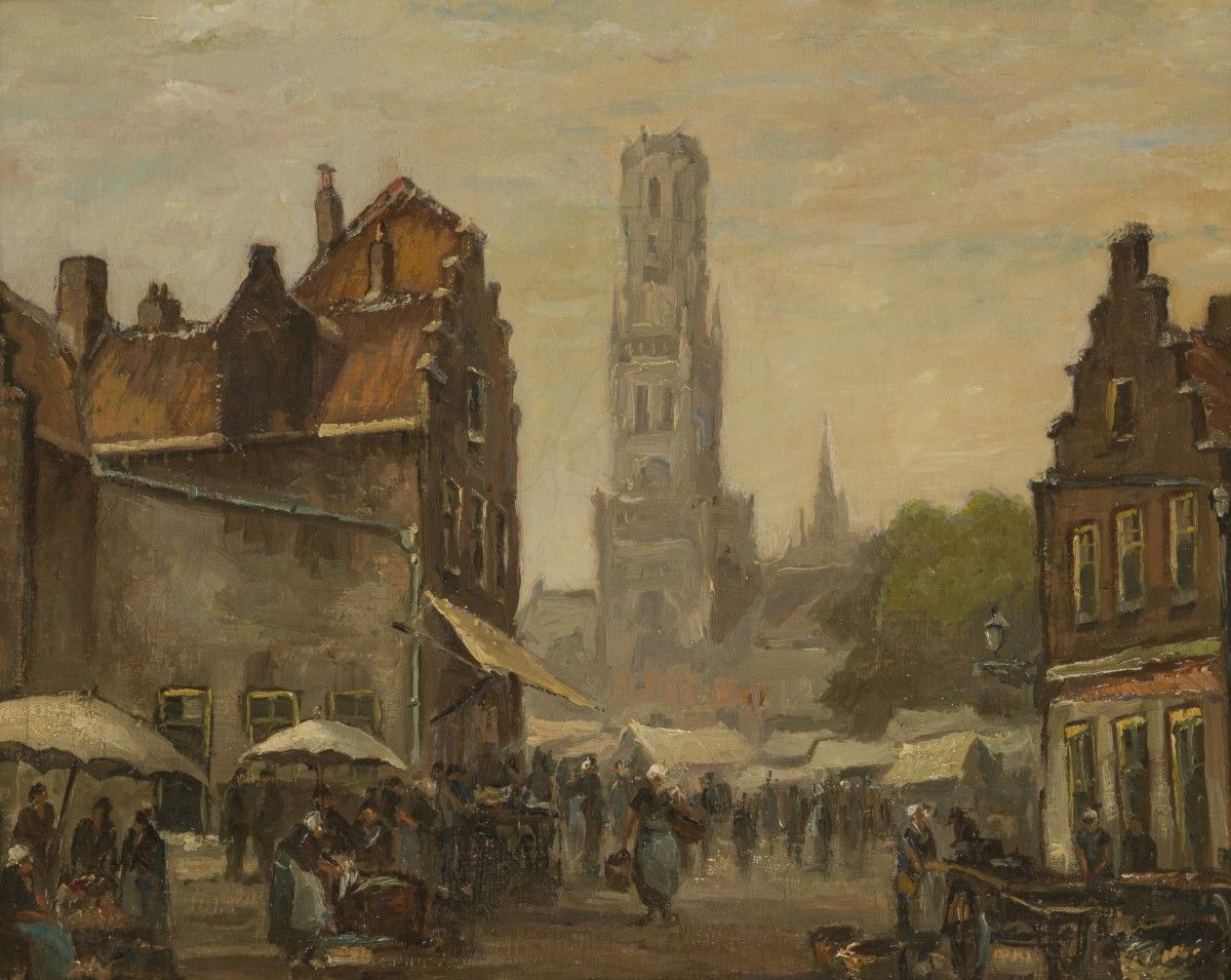 Gerard Wiegman (Rotterdam 1875 - 1994 Schiedam) - A market in a town square with&hellip;