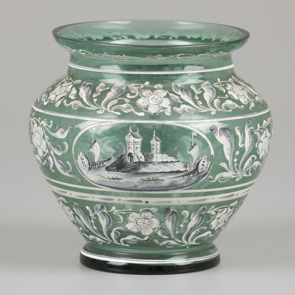 A glass vase with enamelled motif, Italy, 19th century. Handpainted with various&hellip;