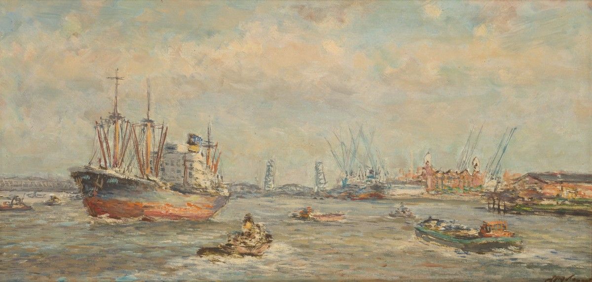 J.P. "Joop" Molenaar (Rotterdam 1914 - 1989), View of Rotterdam harbour with the&hellip;