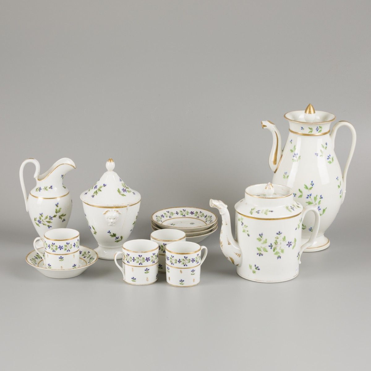 A porcelain coffee/tea set with cornflower decorations, France, early 19th centu&hellip;