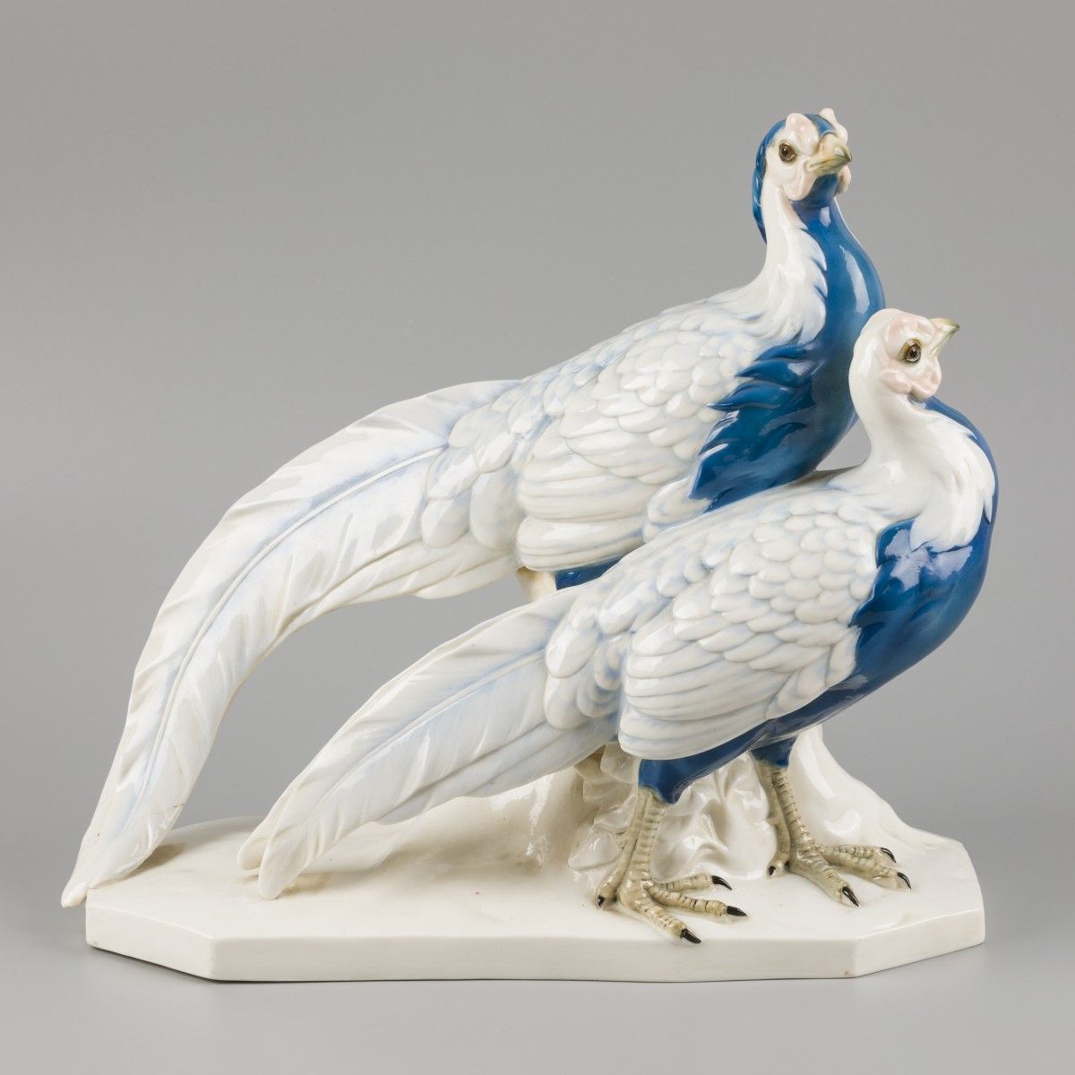 A porcelain sculpture group of a pair of gold pheasants, marked Passau, Germany,&hellip;