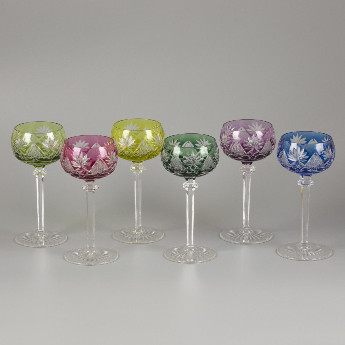 A set of (6) coloured crystal Val Saint Lambert wine roemers, Belgium, 1st half &hellip;