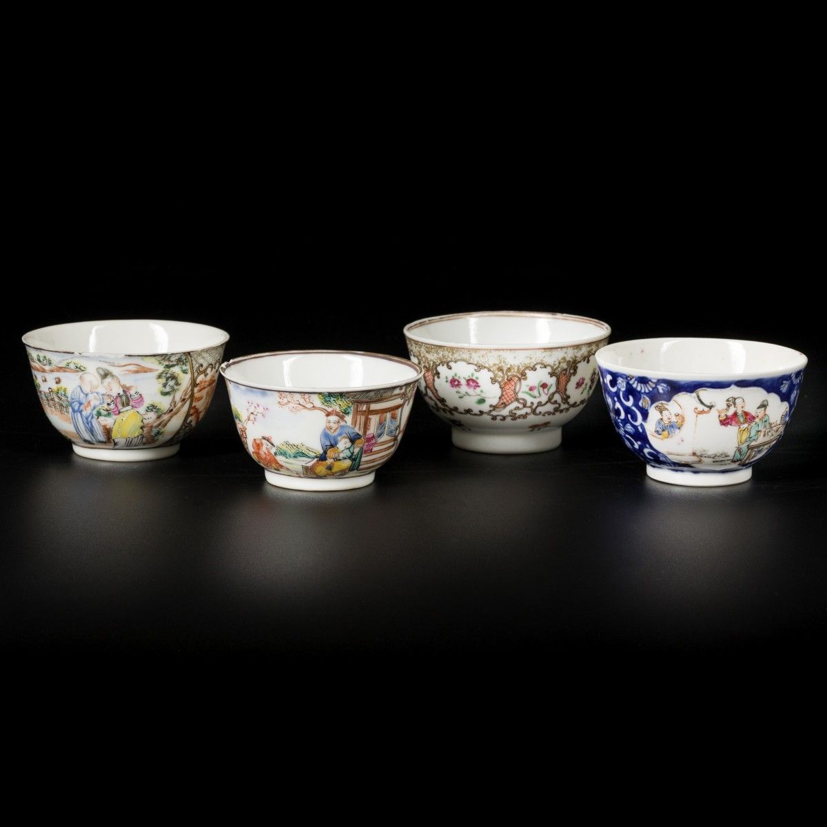 A lot comprised of (4) various porcelain famille rose bowls, three with decor of&hellip;