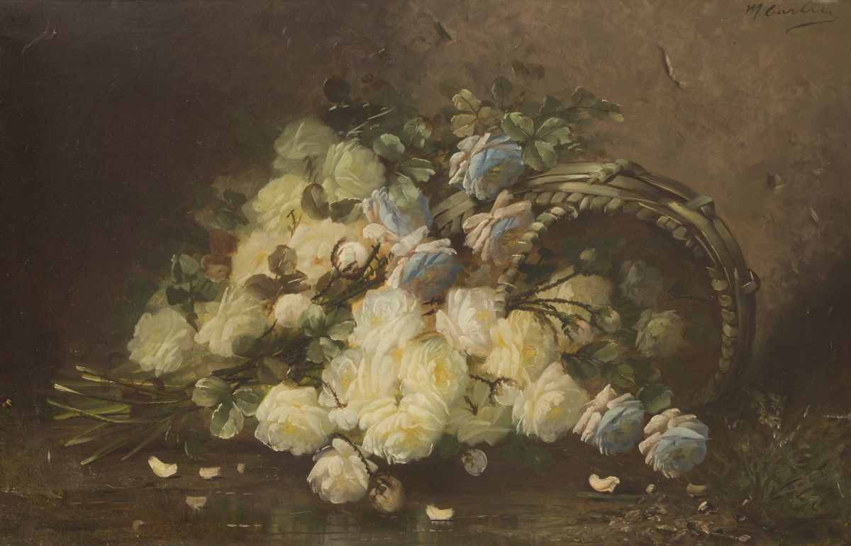 Max Albert Carlier (Belgian School, 1872-1938). A till life of roses in a wicker&hellip;