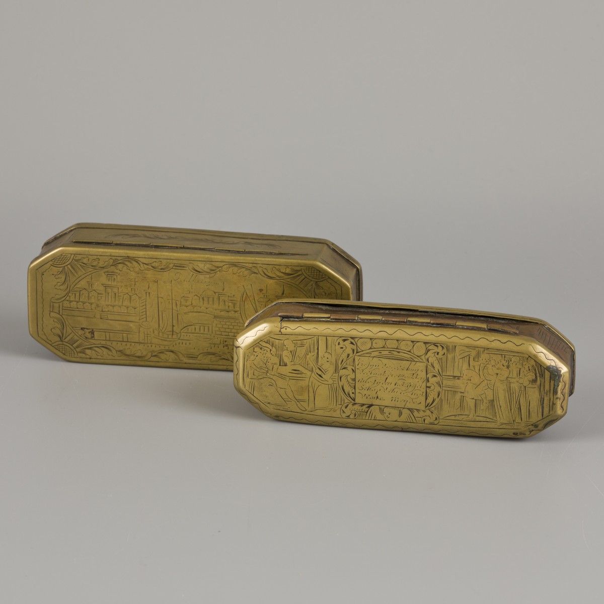 A lot with (2) engraved copper tobacco boxes, ca. 1800 and later. One depicting &hellip;