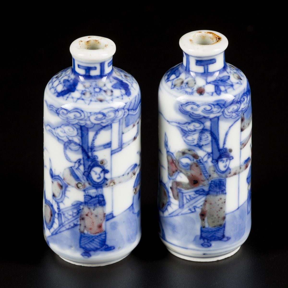 A set of (2) porcelain iron-red snuff bottles decorated with court scene, marked&hellip;