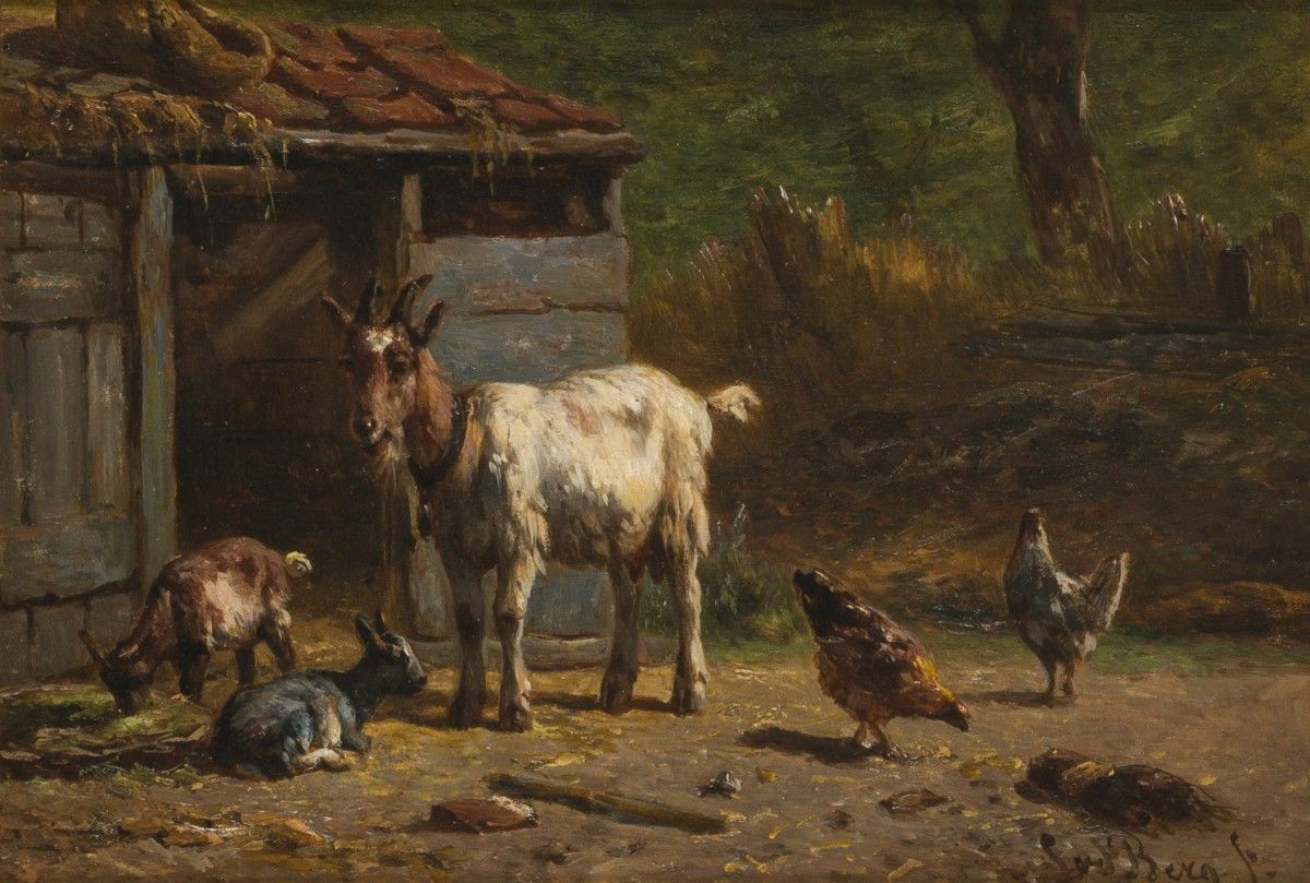 Simon van den Berg (Overschie 1812 - 1891 Arnhem), Goats and chicken by a stable&hellip;